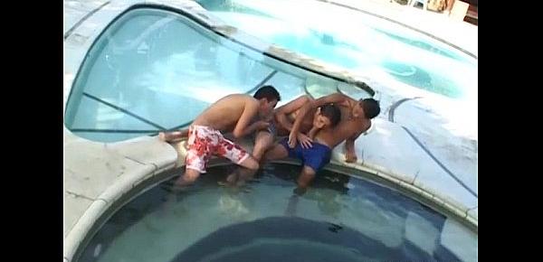  Young Latino Pool Side Bareback Threesome